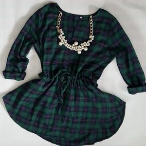Plaid  Drawstring Frill Blouse